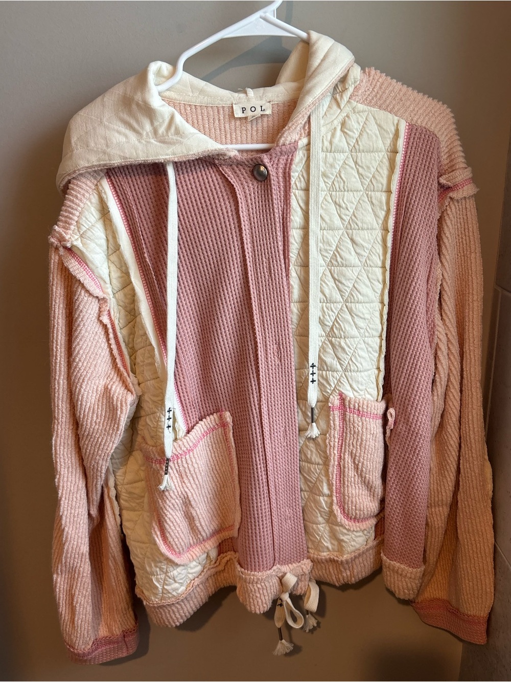 POL Quilted & Waffle Knit Hoodie in Pink and Cream